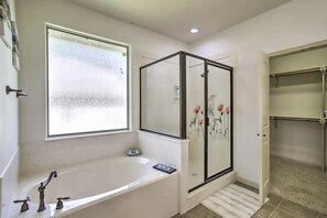 Hair dryer, towels, soap, shampoo