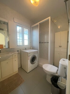 Une petite salle de bain équipée d’un lave-linge, de toilettes et d’un espace douche.