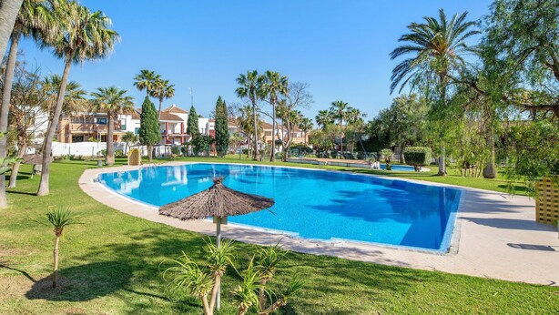Una piscina con sombrilla de paja, rodeada de palmeras y césped.