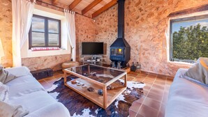 Een rustieke kamer met een stenen muur, een open haard, een televisie, een glazen salontafel en een bank.