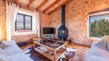 Televisio, takka, DVD-soitin, stereot