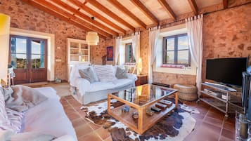 Televisio, takka, DVD-soitin, stereot