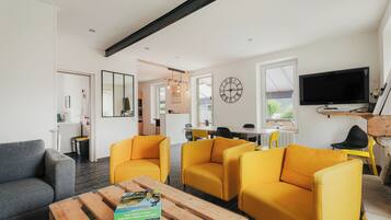 Télévision, cheminée, lecteur de DVD, table de tennis de table