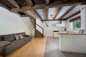 TV, fireplace - Vacation apartment "Unterurbanhof Die Eins" with mountain view, terrace with garden and sauna. (Unsere Liebe Frau im Walde St Felix)