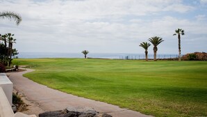Un parcours de golf avec un sentier, des palmiers et une vue sur l’océan.