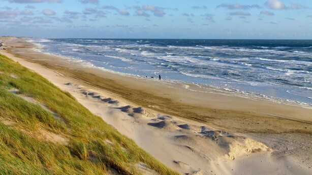A beach with a sandy path leading to the water, a grassy area, and a clear sky. - 3 bedroom gorgeous apartment in List (List)