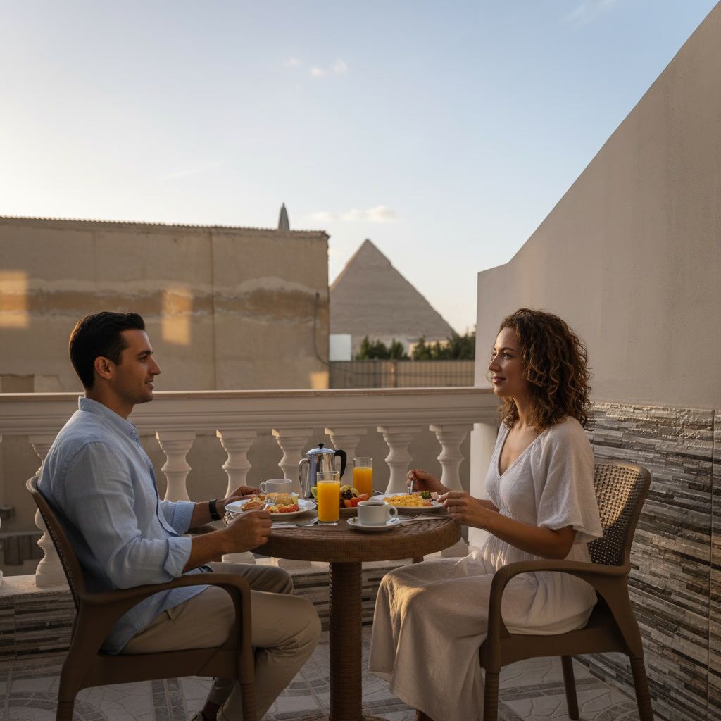 Una pareja cenando en una mesa redonda con vista a una pirámide al fondo.
