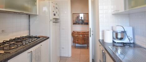 Fridge, stovetop, dishwasher, coffee/tea maker