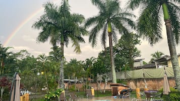 Piscina externa, funciona das 8h às 22h, guarda-sóis, espreguiçadeiras