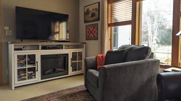 Smart TV, fireplace, video games, DVD player
