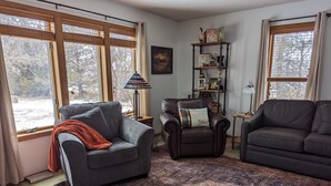 Un salon avec un canapé gris, un fauteuil en cuir marron et un tapis à motifs. Il y a deux fenêtres avec des rideaux, une bibliothèque et une lampe.