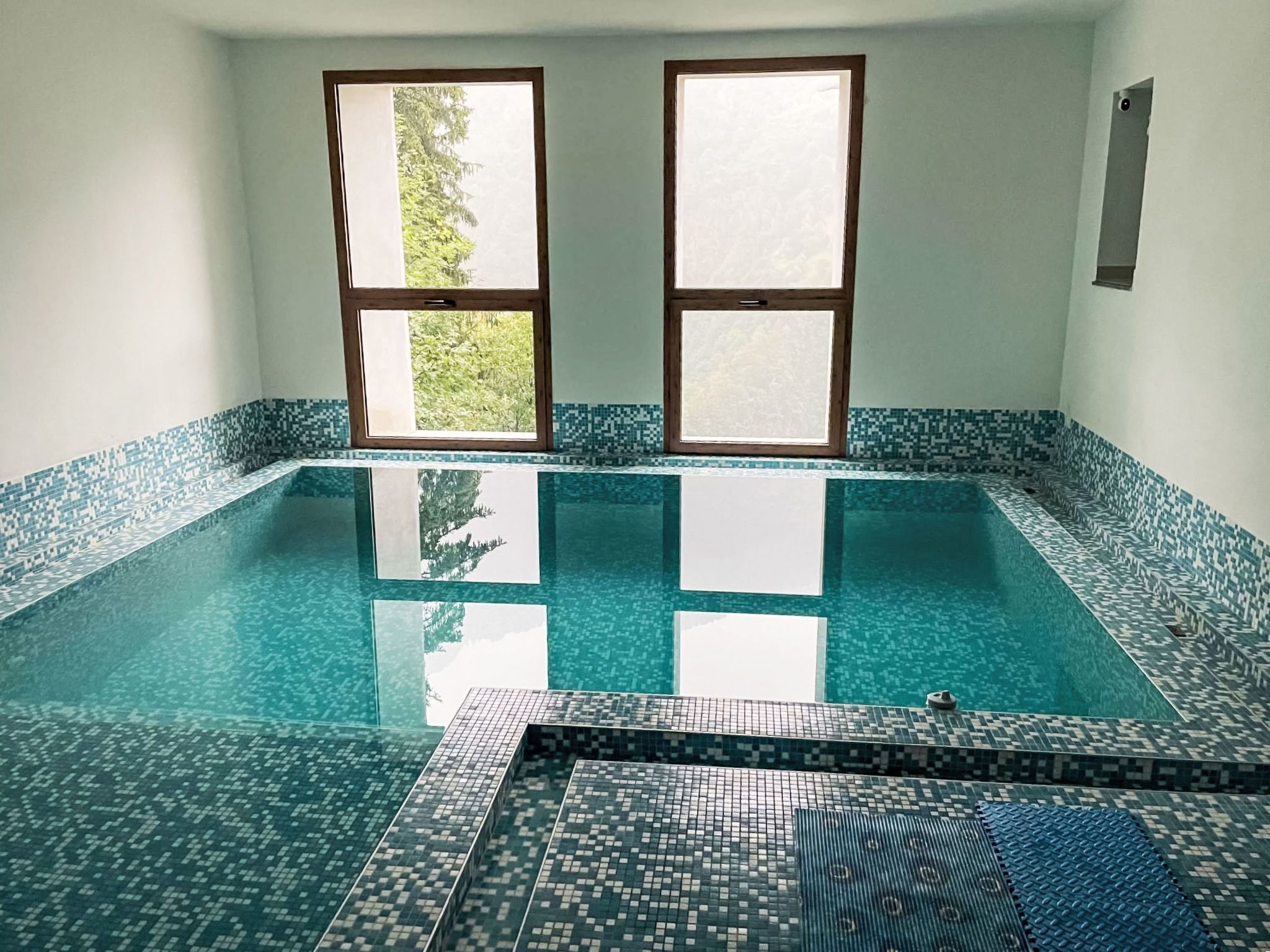 Piscina con borde de azulejos y vista a través de dos ventanas.