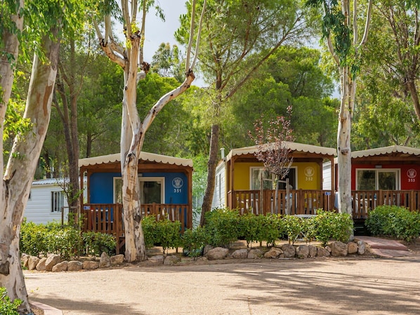 Two cabins with numbers 351 and 352, surrounded by trees and a gravel path.