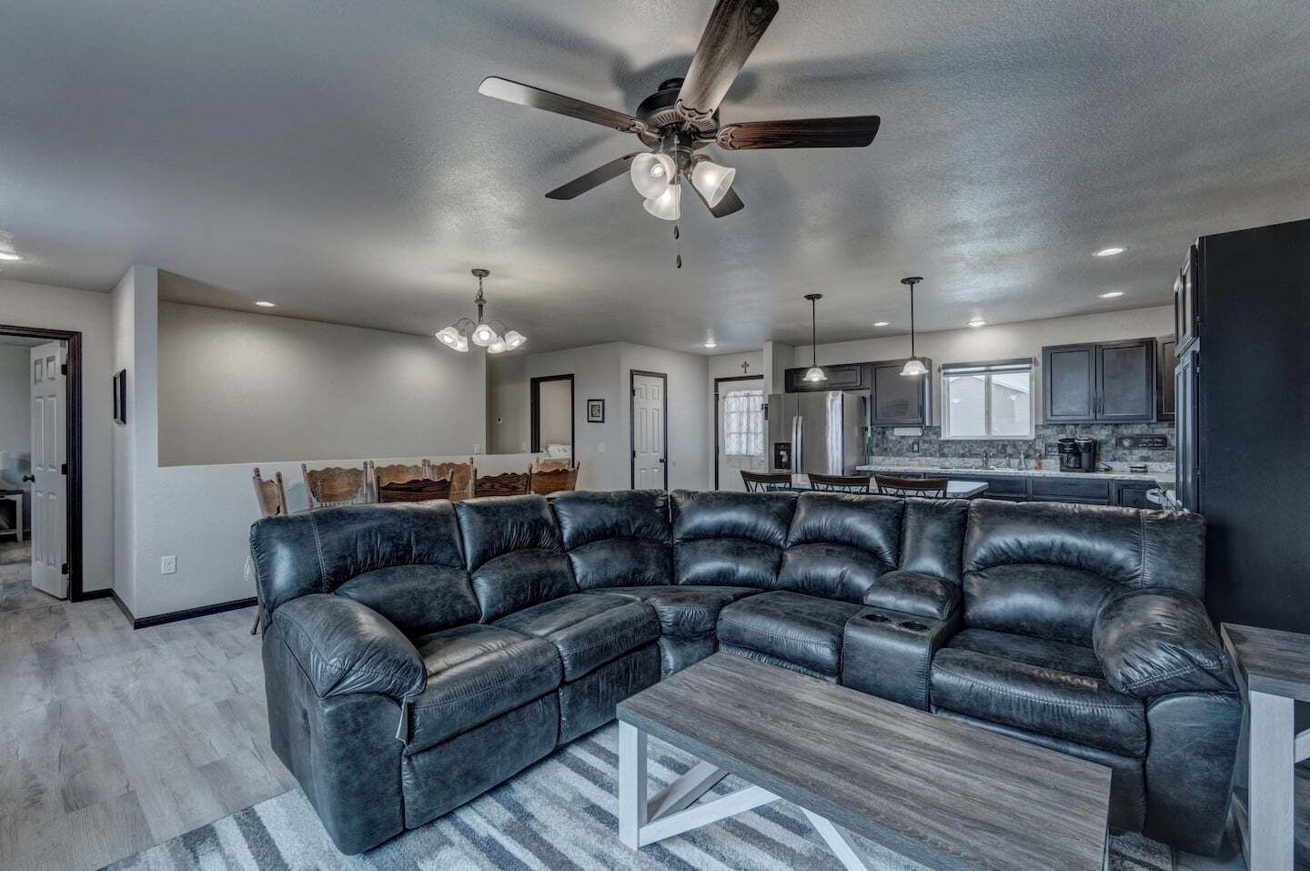 Large sectional with seating for six.