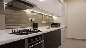 A modern kitchen with stainless steel appliances, a built-in oven, and a dishwasher. - Opulent Comfort Suites  (Colombo)