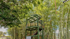 Una torre de observación metálica verde con escaleras, rodeada de bambú.