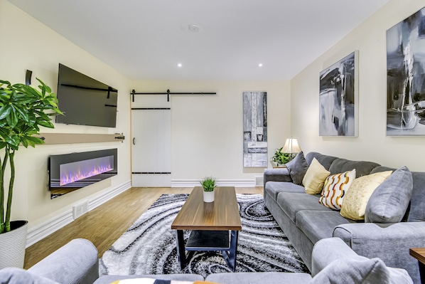 TV connectée, cheminée, livres