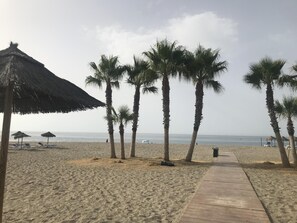 En strand med palmer, en träpromenad och strandparasoller.
