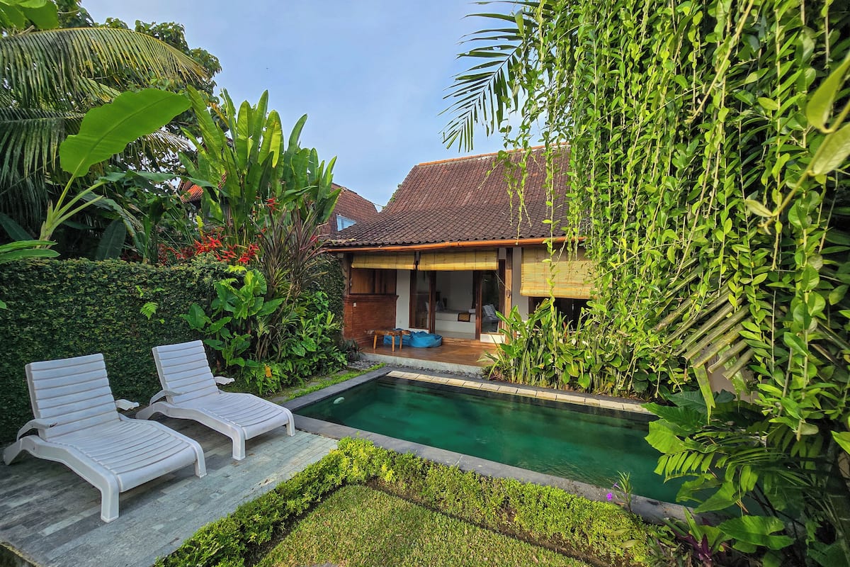 A private pool area with two lounge chairs, surrounded by lush greenery and a house with a tiled roof.