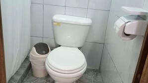Een kleine badkamer met toilet, prullenbak en toiletrolhouder.