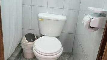 Shower, towels, soap, toilet paper