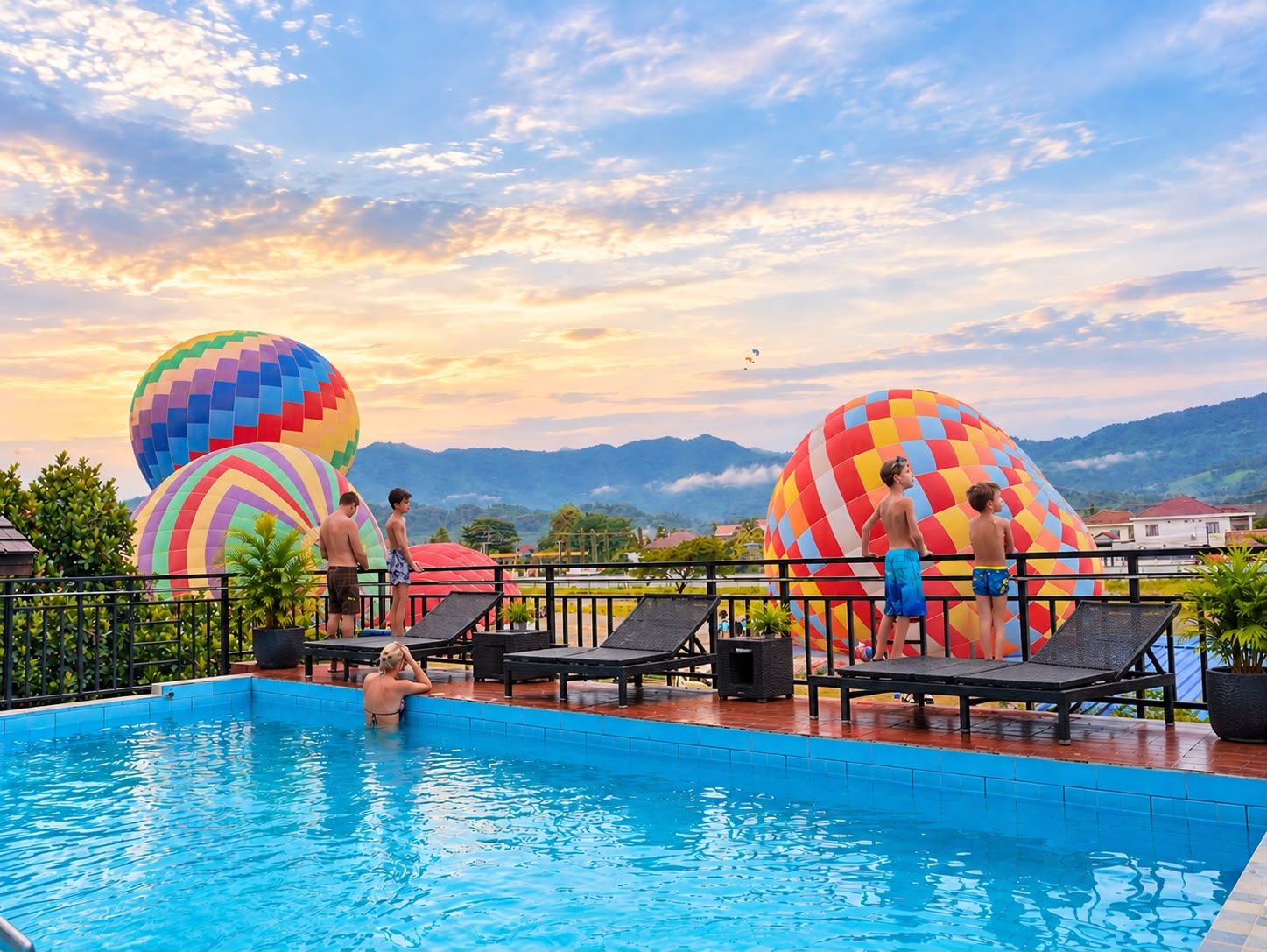 A swimming pool with lounge chairs and hot air balloons in the background.