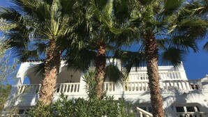 A white building with a balcony and palm trees in the foreground. - Inmitten Eines Mediteranen Gartens, Terrassiert, Befindet Sich das Appartment (Santa Eulària des Riu)