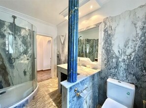 Hair dryer, towels, soap, toilet paper