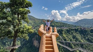 A person standing on a wooden platform with a rope ladder, overlooking a lush green valley and mountains.