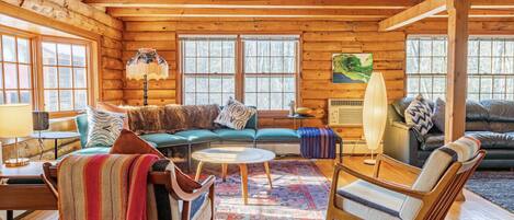 TV, fireplace, books, offices