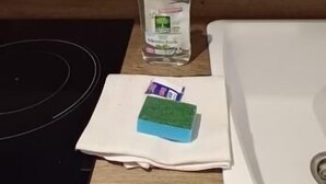 A kitchen counter with a bottle of hand sanitizer, a green sponge, and a bar of soap. - Appartement Antarès-sils (CAEN)