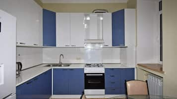 Deluxe Apartment | Private kitchen | Fridge, microwave, oven, stovetop