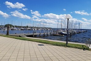 A marina with boats docked, a paved walkway, and a clear sky.