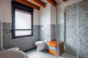 Shower, hair dryer, bidet, towels