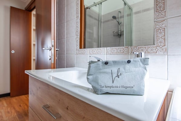 Shower, hair dryer, bidet, towels