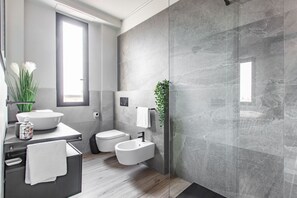 Regadera, secadora de cabello, bidet, toallas 