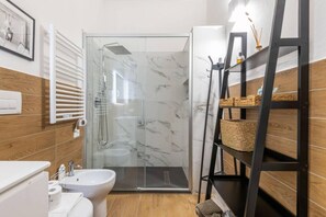 Shower, hair dryer, bidet, towels