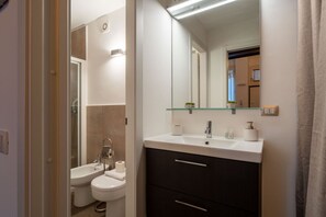 Shower, hair dryer, bidet, towels