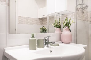 Shower, hair dryer, bidet, towels