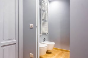Shower, hair dryer, bidet, towels