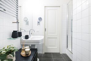 Shower, hair dryer, bidet, towels
