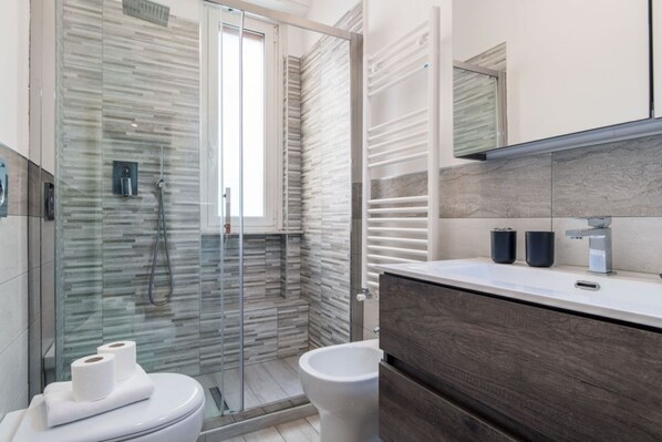 Shower, hair dryer, bidet, towels