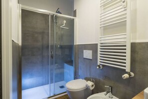 Shower, hair dryer, bidet, towels