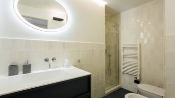 Shower, hair dryer, bidet, towels