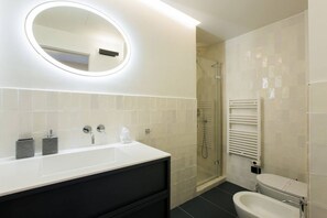 Shower, hair dryer, bidet, towels