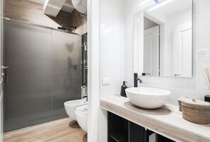 Shower, hair dryer, bidet, towels