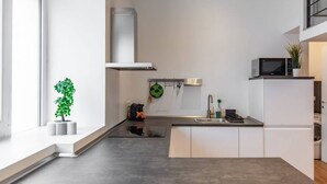 Une cuisine moderne équipée d’une cuisinière, d’un four à micro-ondes et d’un évier intégrés. Une petite plante est posée sur le rebord de la fenêtre, et un luminaire suspendu éclaire la pièce.