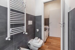 Regadera, secadora de cabello, bidet, toallas