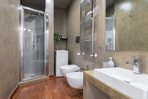 Shower, hair dryer, bidet, towels