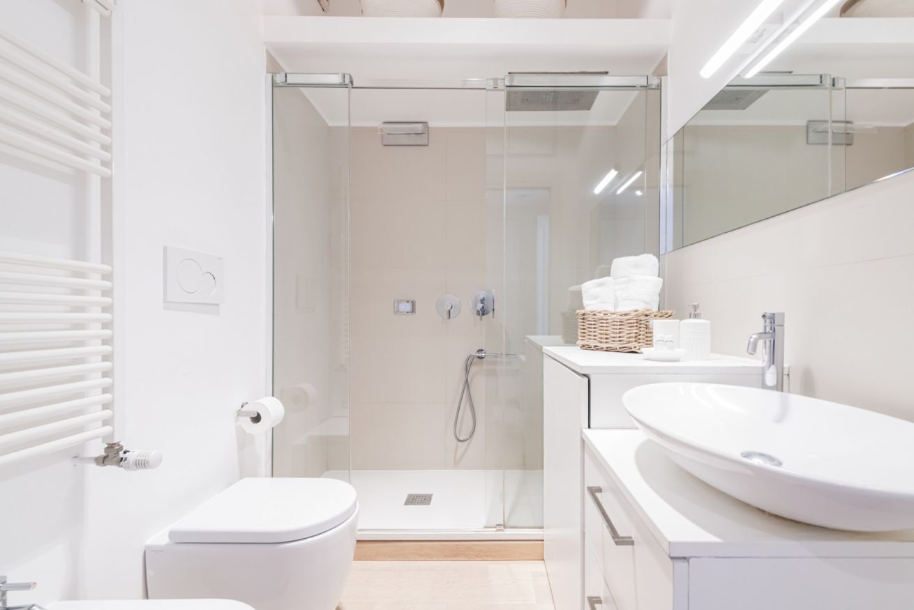 Shower, hair dryer, bidet, towels